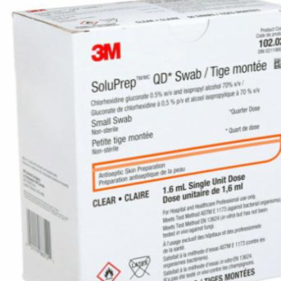 3M™ Soluprep™ Quarter Dose (QD) Swab 0.5% W/V Chlorhexidine Gluconate And 70% V/V Ethyl Alcohol Non-Sterile Clear Small 50/Box 102.02/S10202/10202